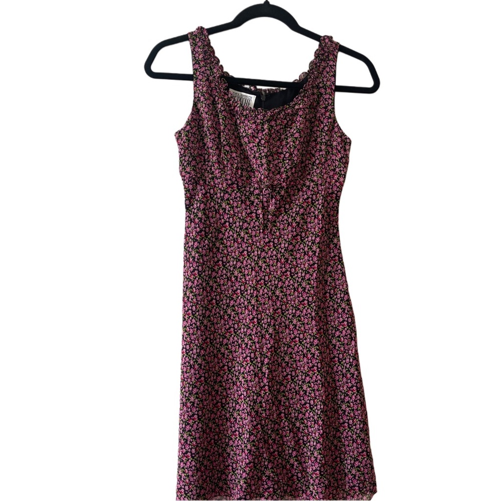 Vintage 90s YVES COSSETTE DEPECHE Floral Mini Dress Bow Pink Black Size 2